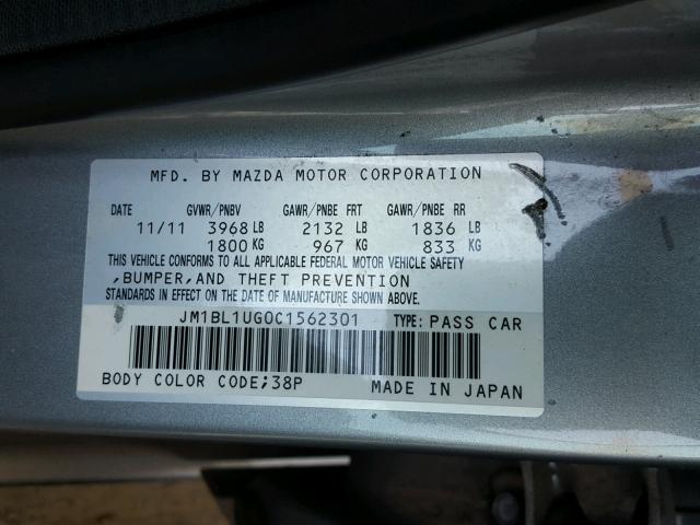 JM1BL1UG0C1562301 - 2012 MAZDA 3 I GRAY photo 10