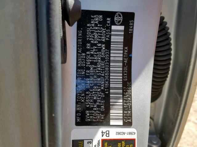 4T1BK36808U310937 - 2008 TOYOTA AVALON SILVER photo 10