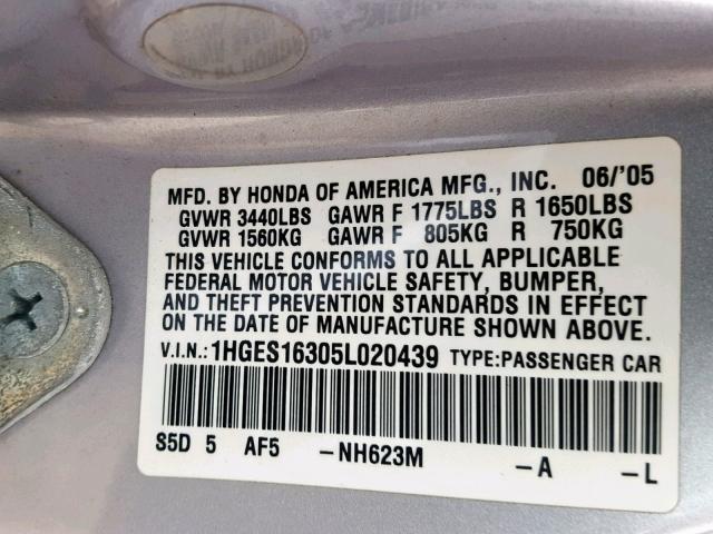 1HGES16305L020439 - 2005 HONDA CIVIC DX V SILVER photo 10