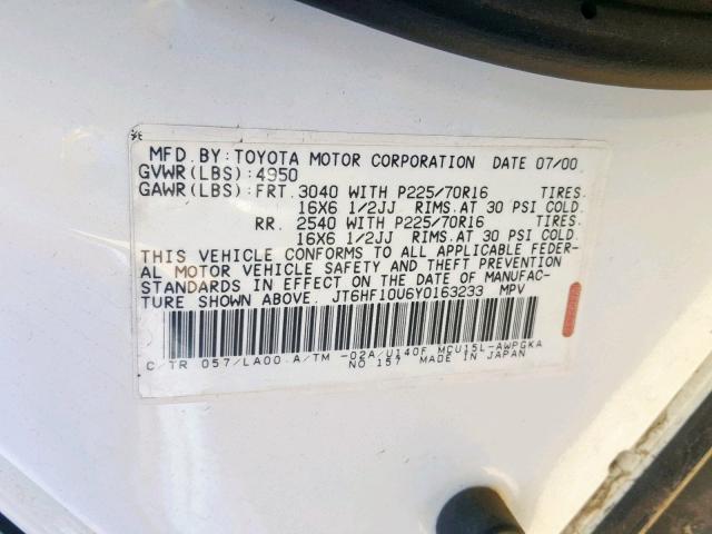 JT6HF10U6Y0163233 - 2000 LEXUS RX 300 BEIGE photo 10