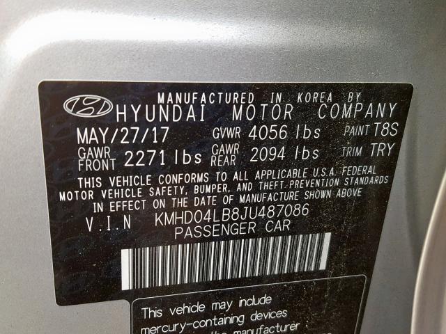 KMHD04LB8JU487086 - 2018 HYUNDAI ELANTRA SP SILVER photo 10