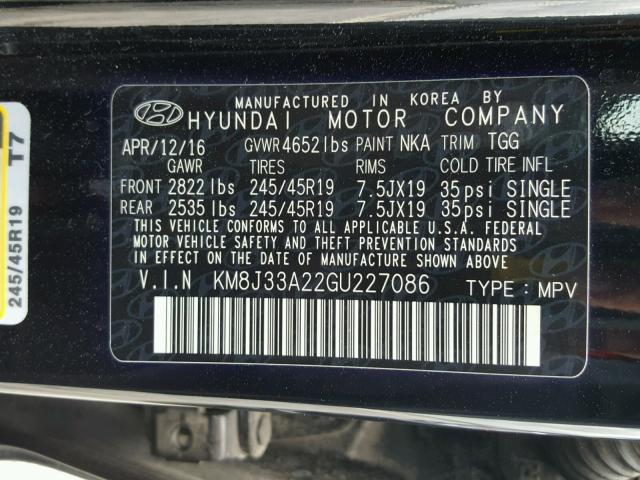 KM8J33A22GU227086 - 2016 HYUNDAI TUCSON LIM BLACK photo 10