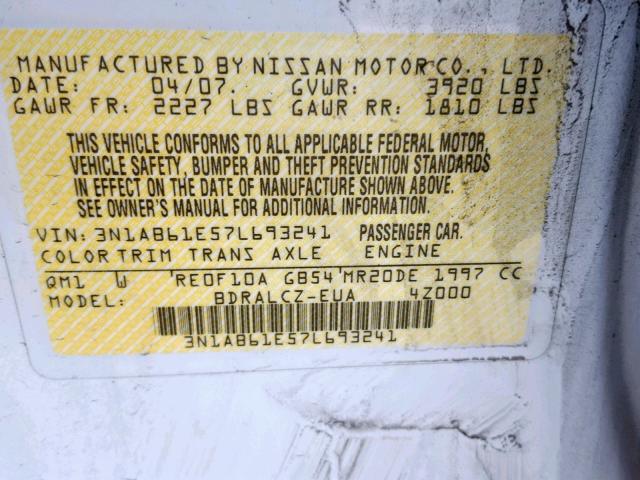 3N1AB61E57L693241 - 2007 NISSAN SENTRA 2.0 WHITE photo 10