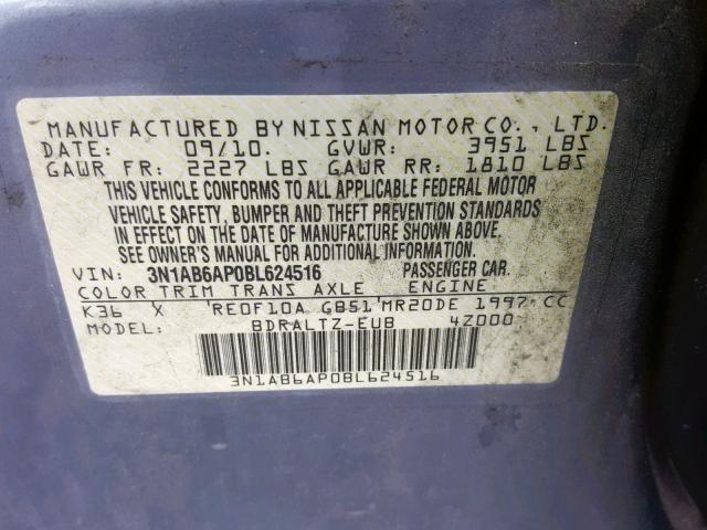 3N1AB6AP0BL624516 - 2011 NISSAN SENTRA 2.0 GRAY photo 10