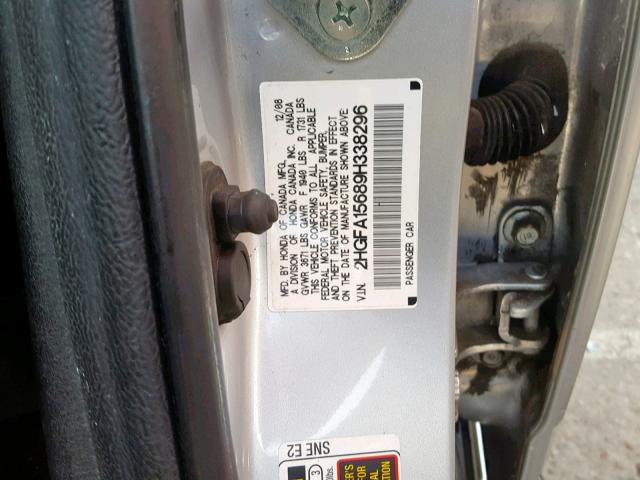 2HGFA15689H338296 - 2009 HONDA CIVIC LX-S Gümüş foto 10