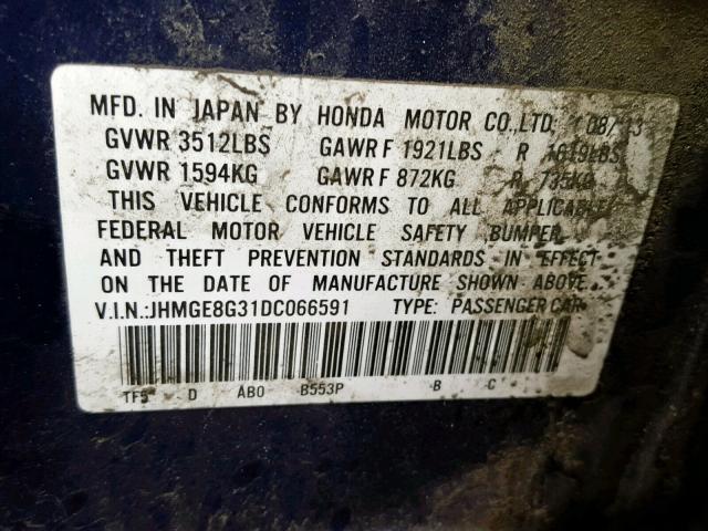 JHMGE8G31DC066591 - 2013 HONDA FIT BLUE photo 10