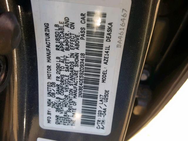 1NXBE40E59Z093418 - 2009 TOYOTA COROLLA XR GRAY photo 10