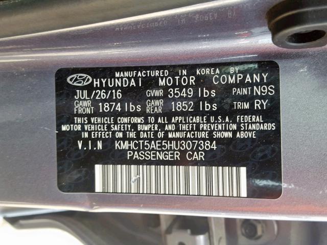 KMHCT5AE5HU307384 - 2017 HYUNDAI ACCENT SE GRAY photo 10