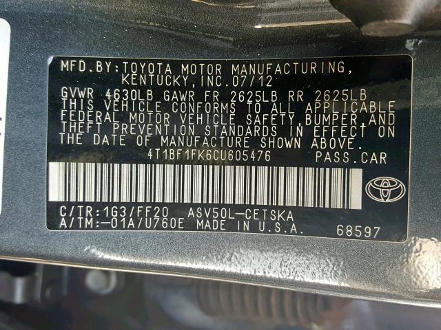 4T1BF1FK6CU605476 - 2012 TOYOTA CAMRY BASE GRAY photo 10