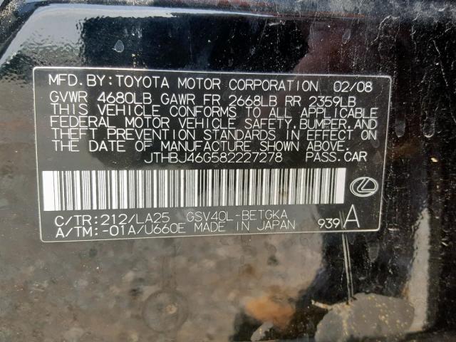 JTHBJ46G582227278 - 2008 LEXUS ES 350 BLACK photo 10