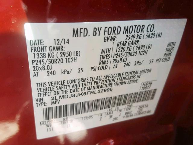 2LMDJ8JK6FBL32996 - 2015 LINCOLN MKX MAROON photo 10