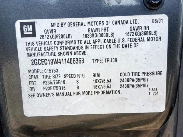 2GCEC19W411406363 - 2001 CHEVROLET SILVERADO GRAY photo 10