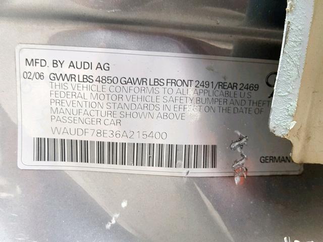 WAUDF78E36A215400 - 2006 AUDI A4 2.0T QU SILVER photo 10