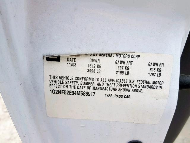 1G2NF52E34M586917 - 2004 PONTIAC GRAND AM S WHITE photo 10