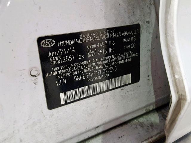 5NPE34AF1FH027596 - 2015 HYUNDAI SONATA SPO WHITE photo 10