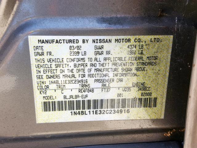 1N4BL11E32C234916 - 2002 NISSAN ALTIMA SE TAN photo 10