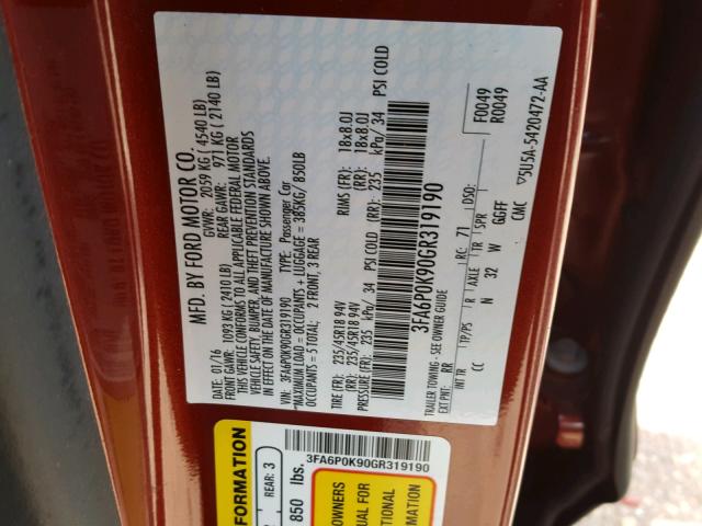 3FA6P0K90GR319190 - 2016 FORD FUSION TIT RED photo 10