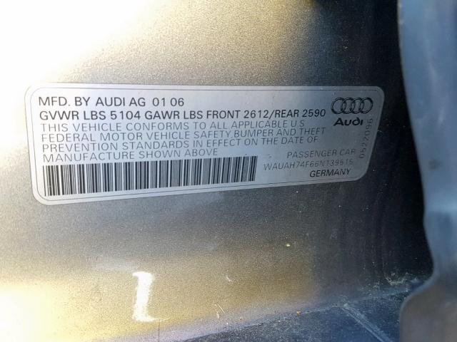 WAUAH74F66N139515 - 2006 AUDI A6 3.2 SILVER photo 10