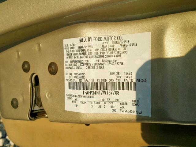 1FAFP34N17W157708 - 2007 FORD FOCUS ZX4 TAN photo 10