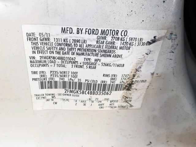 2FMGK5BC4BBD35062 - 2011 FORD FLEX SE WHITE photo 10