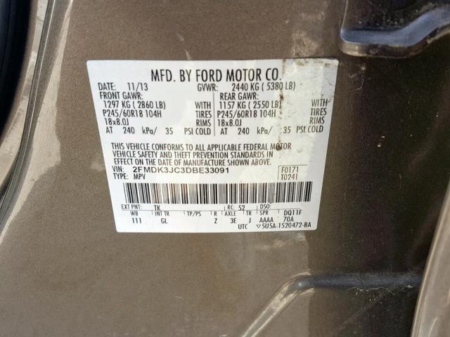 2FMDK3JC3DBE33091 - 2013 FORD EDGE SEL TAN photo 10