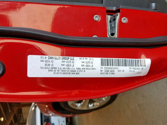 2C3CDXHGXCH187411 - 2012 DODGE CHARGER SX RED photo 10