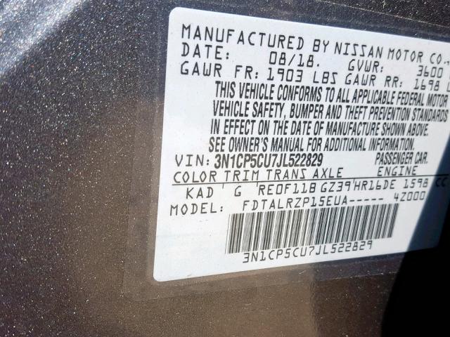 3N1CP5CU7JL522829 - 2018 NISSAN KICKS S GRAY photo 10