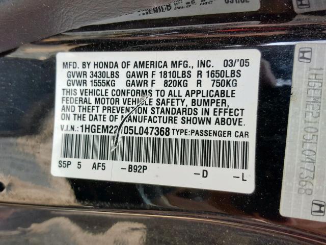 1HGEM22105L047368 - 2005 HONDA CIVIC DX V BLACK photo 10