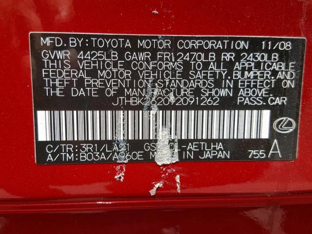 JTHBK262092091262 - 2009 LEXUS IS 250 RED photo 10