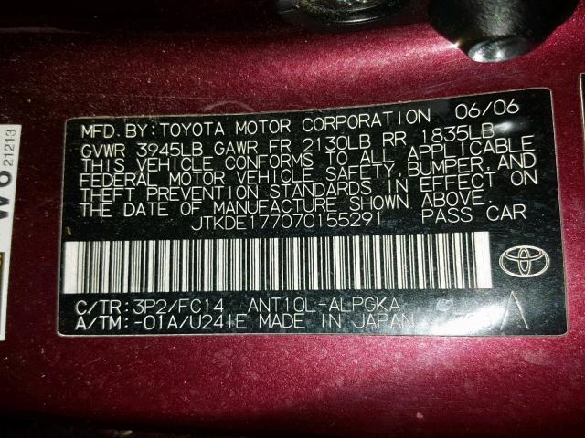 JTKDE177070155291 - 2007 TOYOTA SCION TC მუქწითელი ფოტო 10