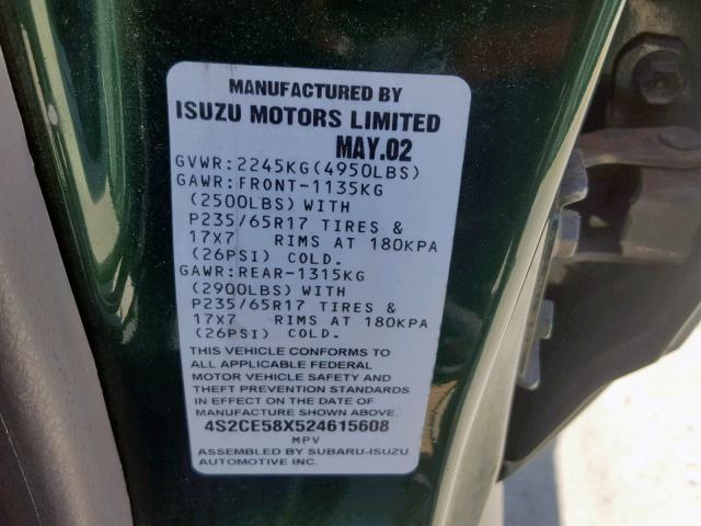 4S2CE58X524615608 - 2002 ISUZU AXIOM XS Yaşıl foto 10