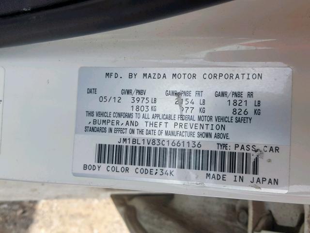 JM1BL1V83C1661136 - 2012 MAZDA 3 I WHITE photo 10