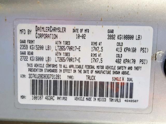 3D7KU28D83G731281 - 2003 DODGE RAM 2500 S ლურჯი ფოტო 10