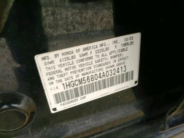 1HGCM56804A032413 - 2004 HONDA ACCORD EX BLACK photo 10