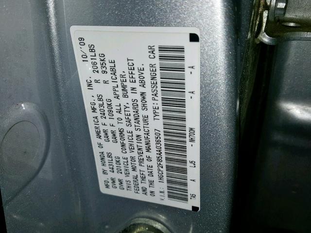 1HGCP2F85AA036507 - 2010 HONDA ACCORD EXL SILVER photo 10