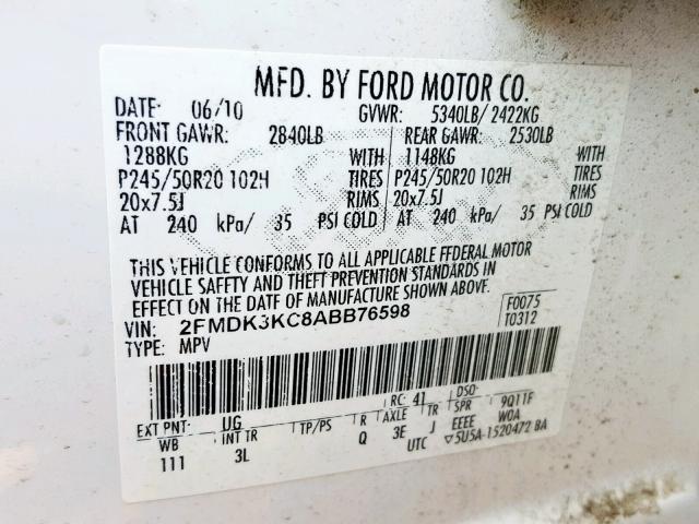 2FMDK3KC8ABB76598 - 2010 FORD EDGE LIMIT WHITE photo 10