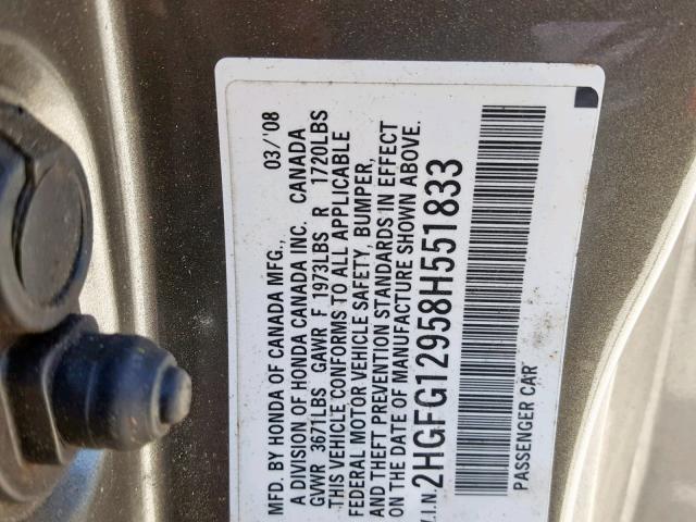 2HGFG12958H551833 - 2008 HONDA CIVIC EXL GRAY photo 10