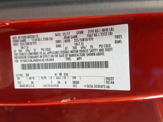 1FMCU9J95HUE15365 - 2017 FORD ESCAPE TIT RED photo 10