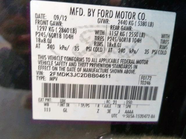 2FMDK3JC2DBB04611 - 2013 FORD EDGE SEL BLACK photo 10