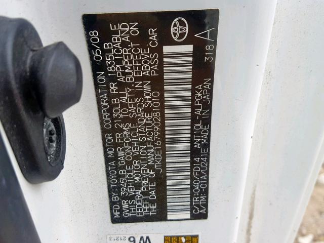 JTKDE167990281010 - 2009 TOYOTA SCION TC WHITE photo 10