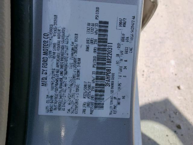 3FAHP08118R220311 - 2008 FORD FUSION SEL SILVER photo 10