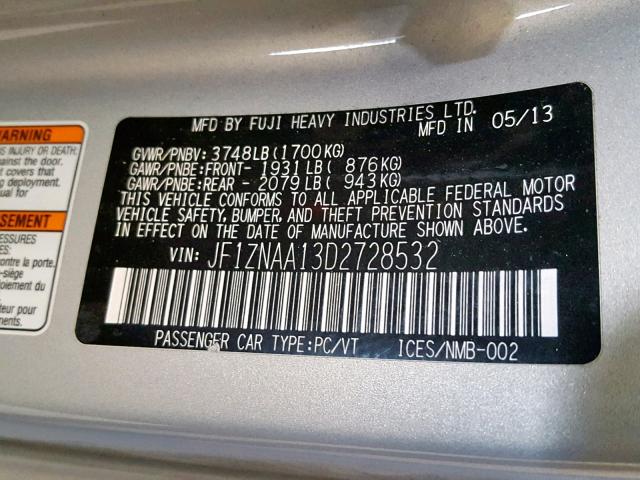 JF1ZNAA13D2728532 - 2013 TOYOTA SCION FR-S SILVER photo 10