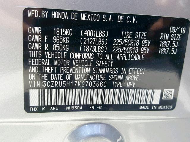 3CZRU5H17KG703660 - 2019 HONDA HR-V SPORT SILVER photo 10