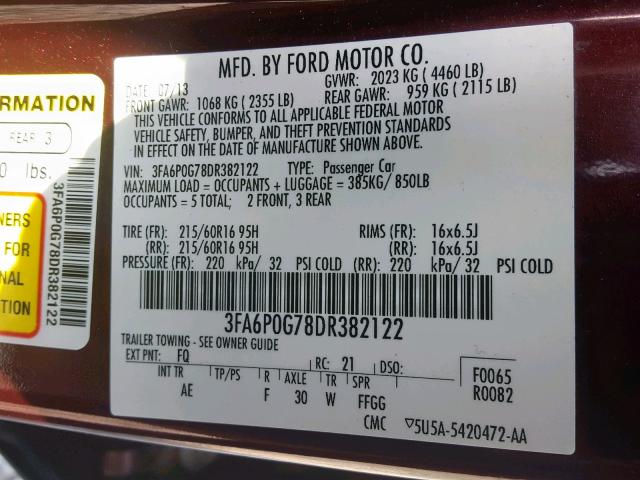 3FA6P0G78DR382122 - 2013 FORD FUSION S BURGUNDY photo 10