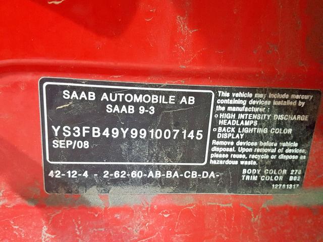 YS3FB49Y991007145 - 2009 SAAB 9-3 2.0T RED photo 10