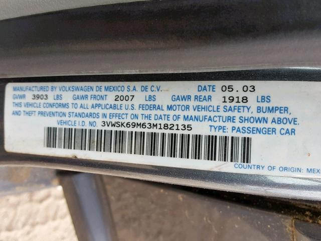 3VWSK69M63M182135 - 2003 VOLKSWAGEN JETTA GLS GRAY photo 10