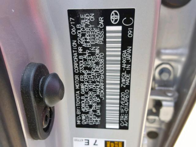 JTDKARFP6H3033870 - 2017 TOYOTA PRIUS PRIM 银色 照片 10