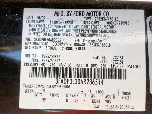 3FADP0L30AR236514 - 2010 FORD FUSION HYB BLACK photo 10