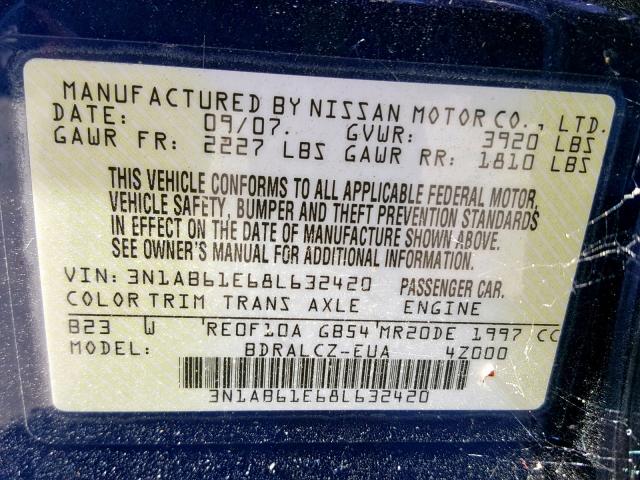 3N1AB61E68L632420 - 2008 NISSAN SENTRA 2.0 BLUE photo 10