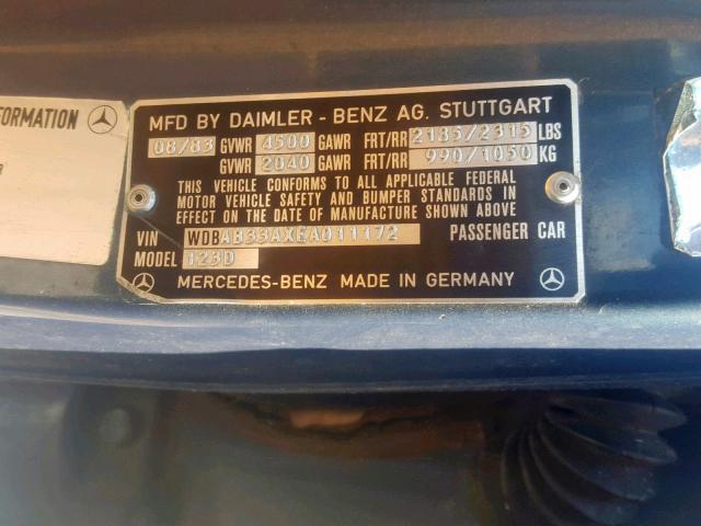 WDBAB33AXEA011172 - 1984 MERCEDES-BENZ 300 DT BLUE photo 10